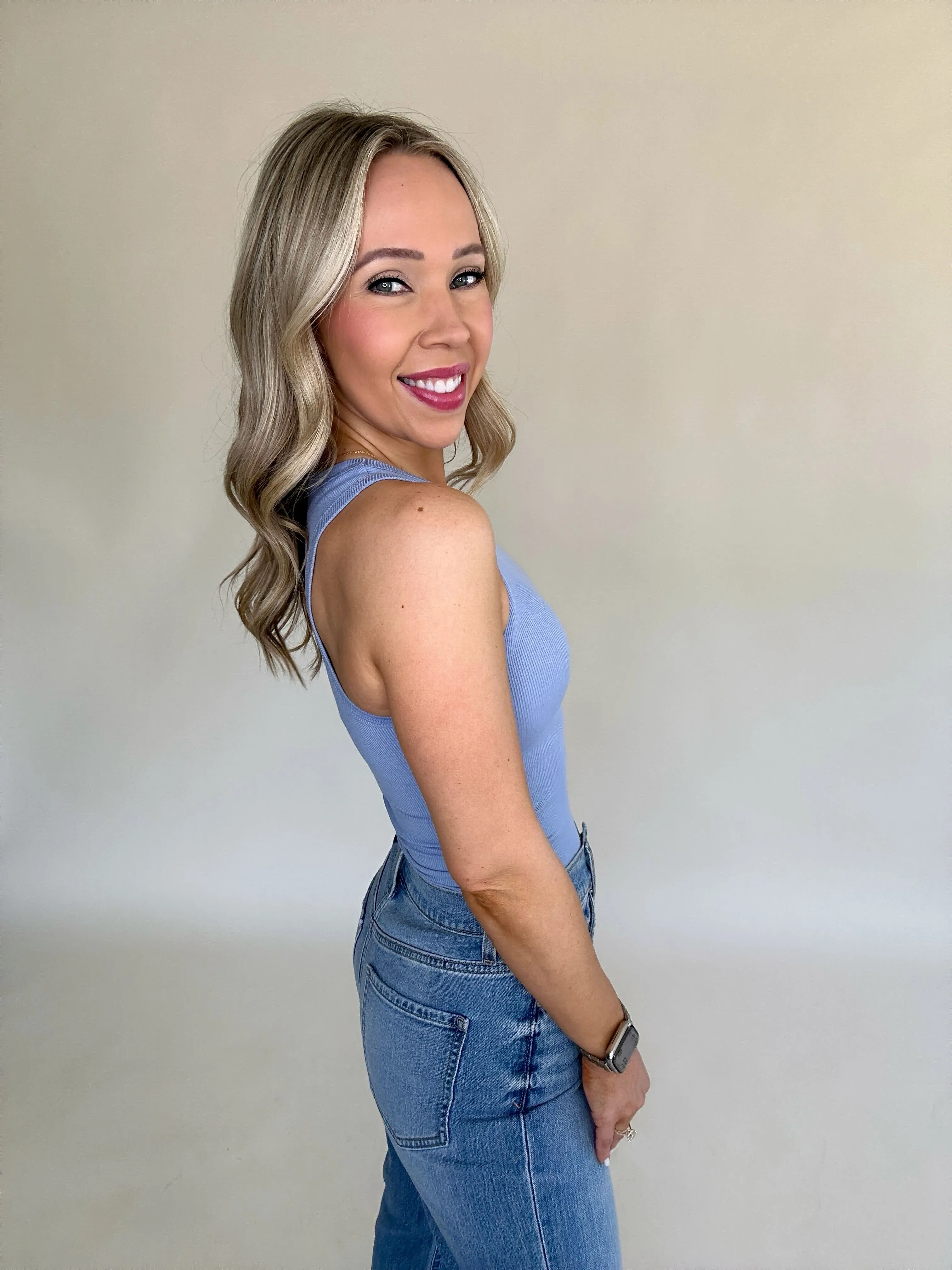 On Par Rib Sleeveless Tank Top - Medium Blue