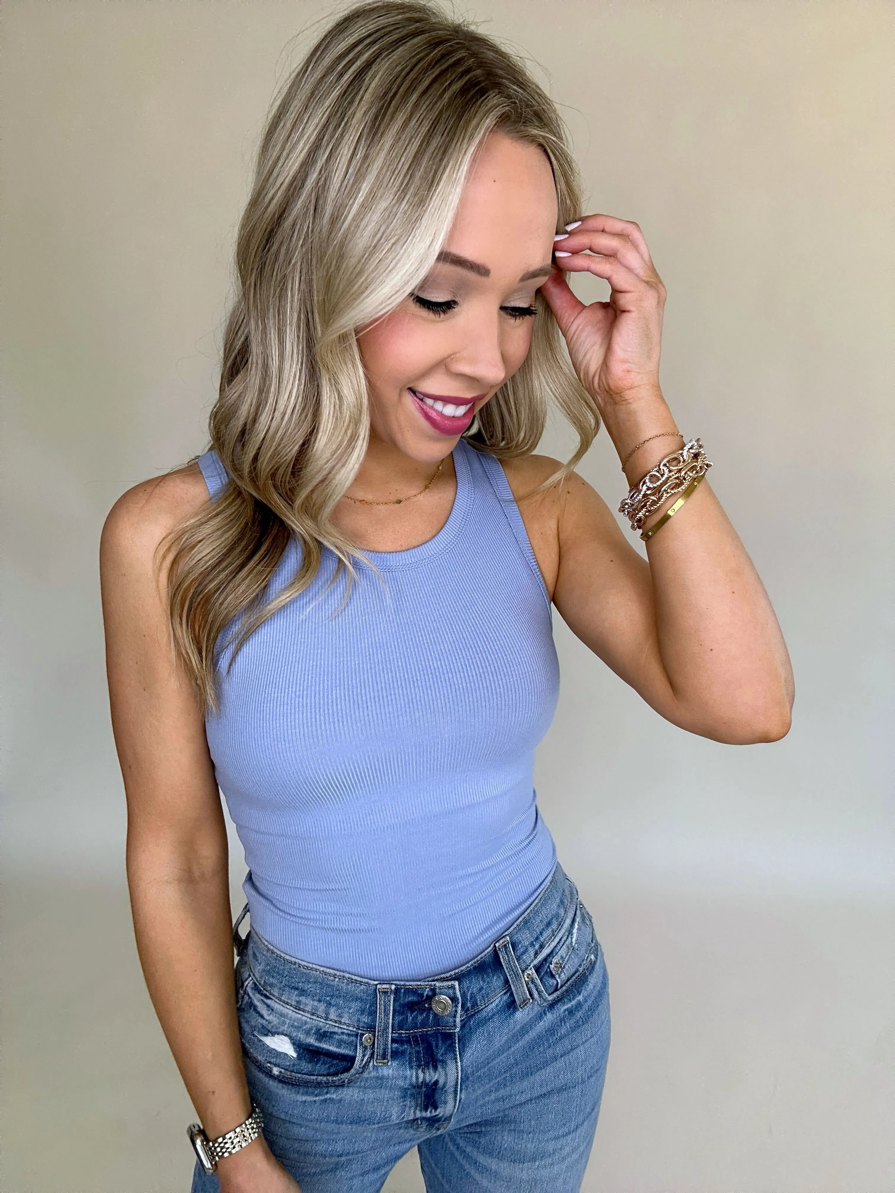 On Par Rib Sleeveless Tank Top - Medium Blue
