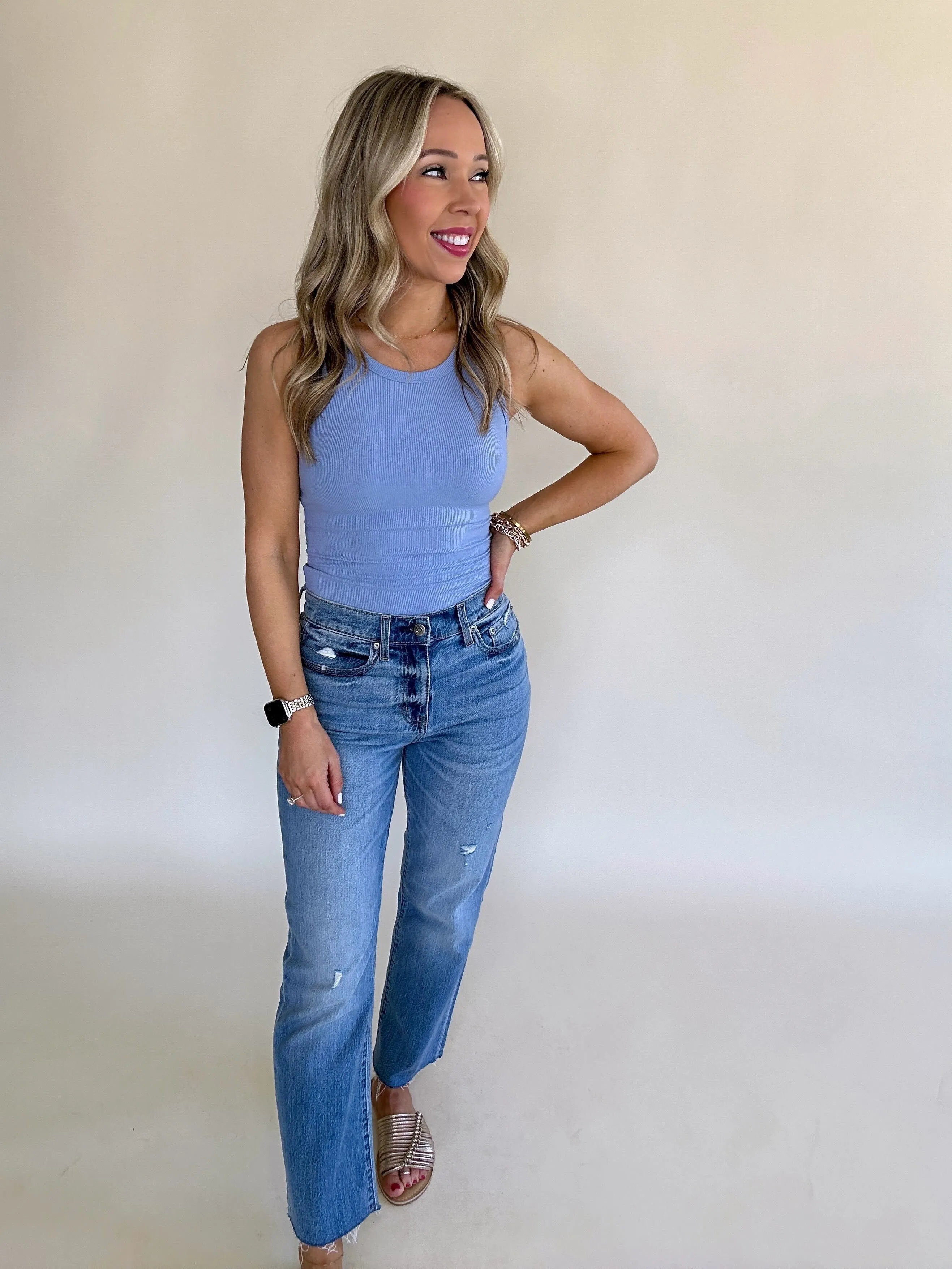 On Par Rib Sleeveless Tank Top - Medium Blue