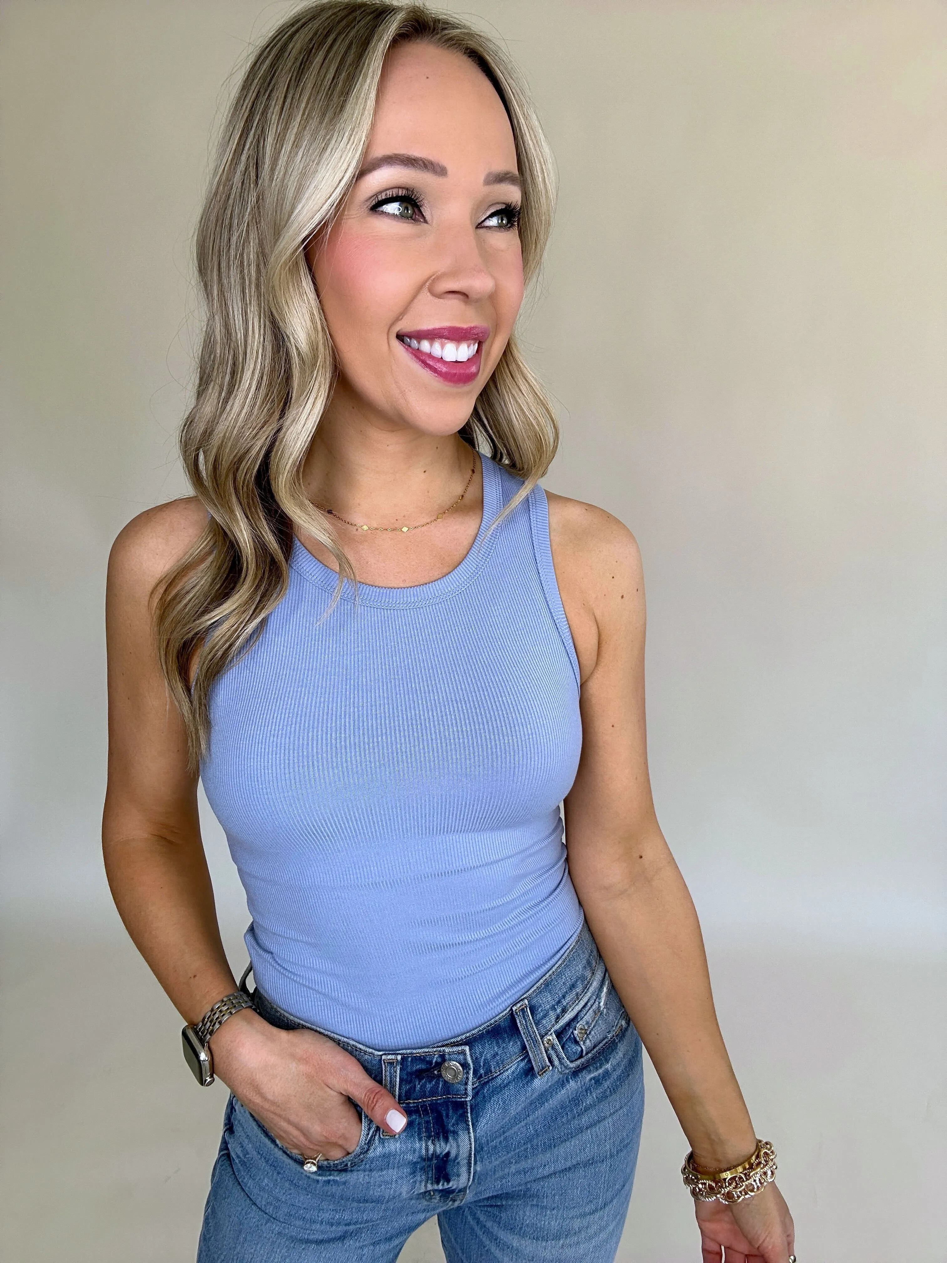 On Par Rib Sleeveless Tank Top - Medium Blue