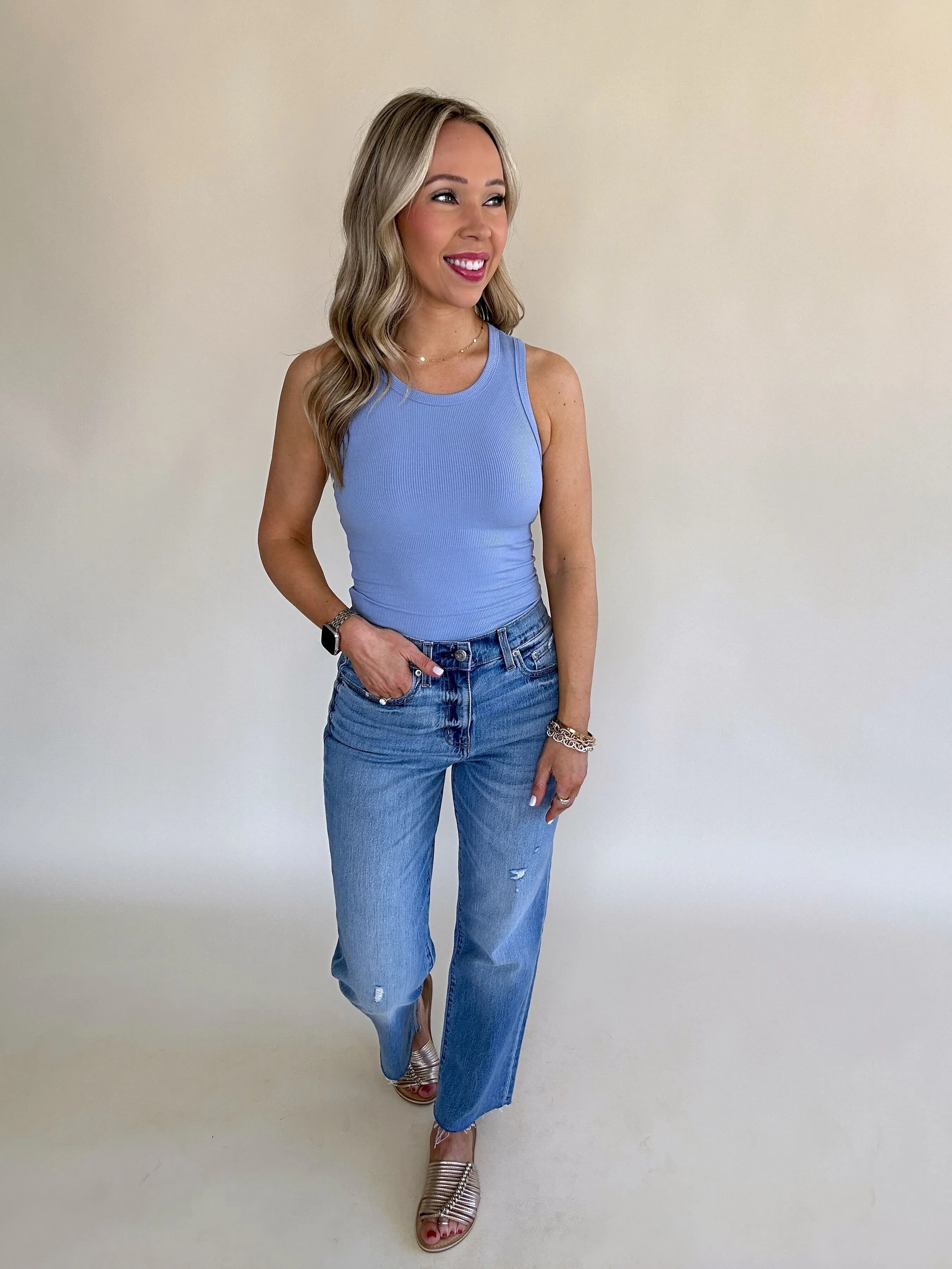 On Par Rib Sleeveless Tank Top - Medium Blue