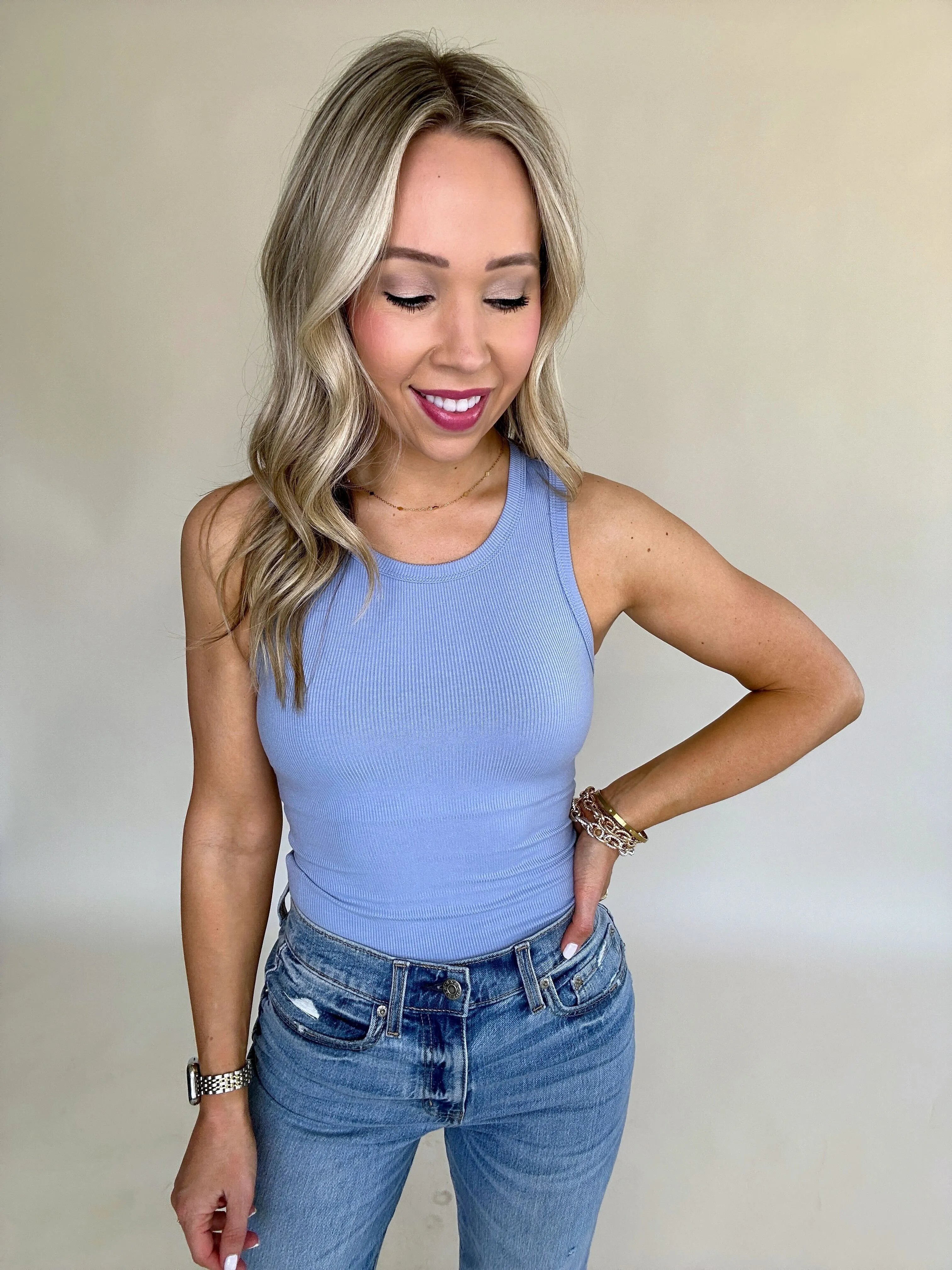 On Par Rib Sleeveless Tank Top - Medium Blue