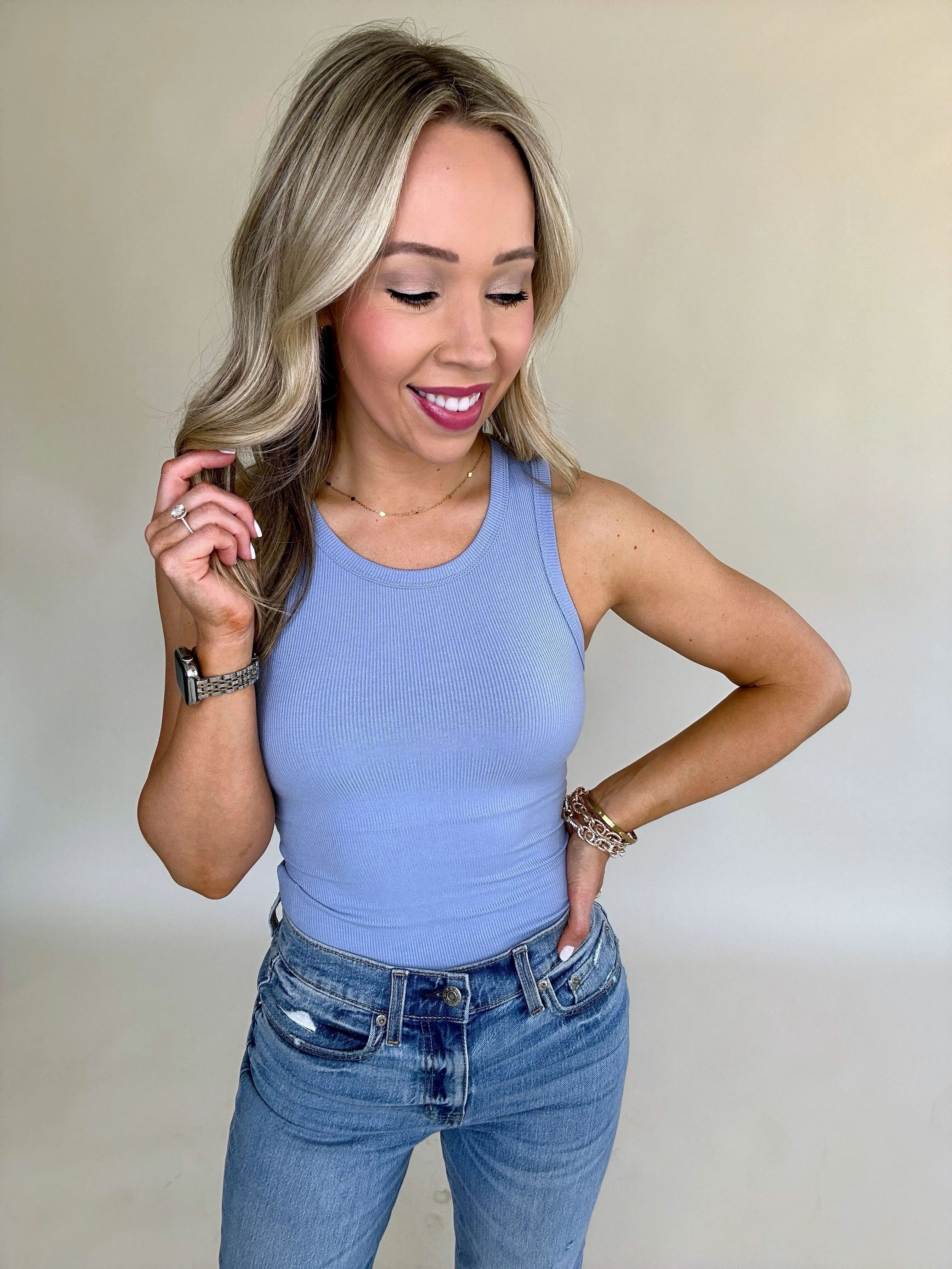 On Par Rib Sleeveless Tank Top - Medium Blue