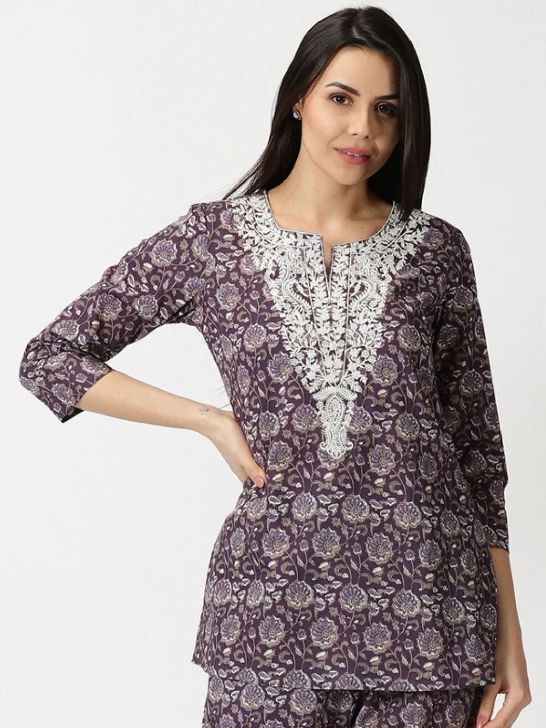 Purple Floral Cotton Tunic with Chikankari Embroidered Yoke