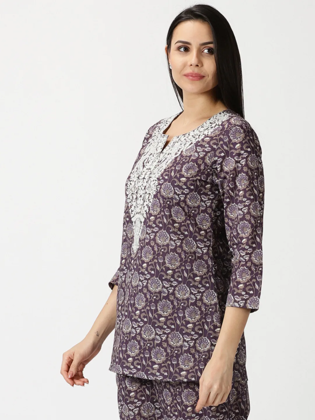Purple Floral Cotton Tunic with Chikankari Embroidered Yoke