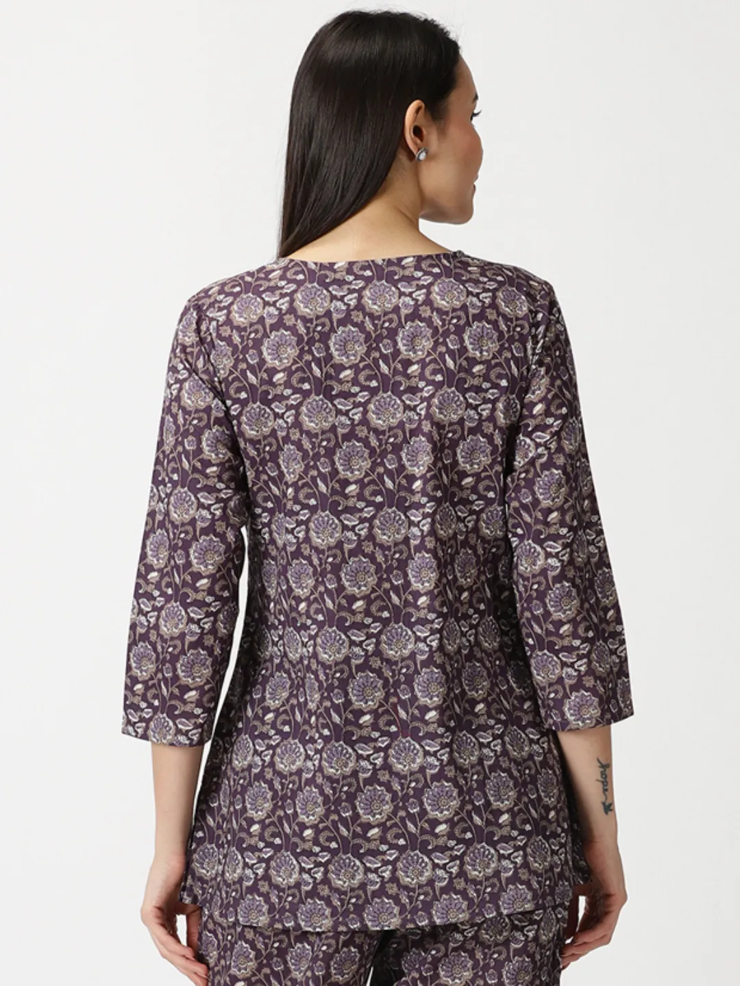 Purple Floral Cotton Tunic with Chikankari Embroidered Yoke