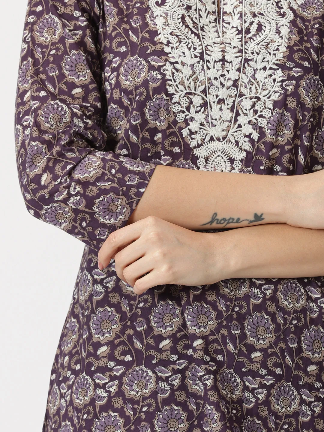 Purple Floral Cotton Tunic with Chikankari Embroidered Yoke