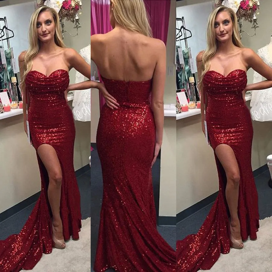 Red Sequin High Slit Prom Dresses With Ruffles Sheath Evening Dresses Prom