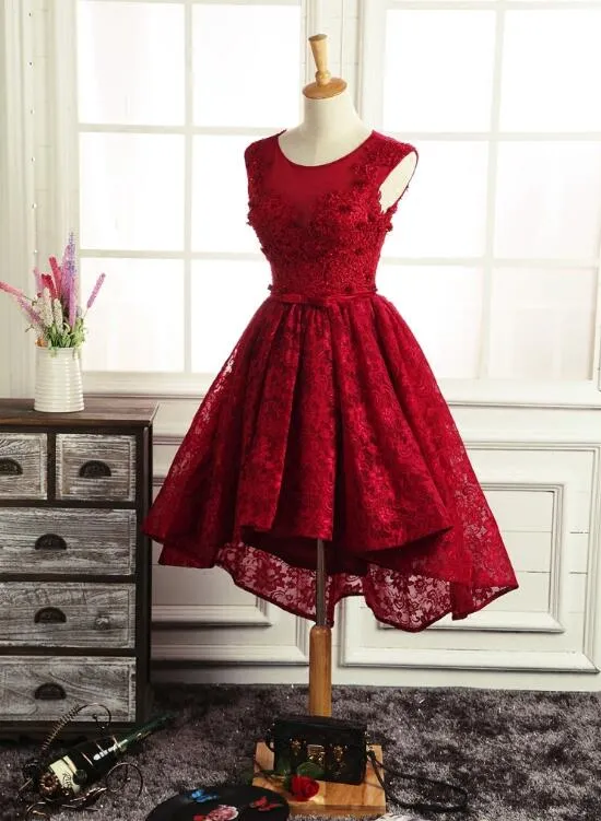 Wine Red Round Neckline Lace High Low Homecoming Dress, High Low Formal Dress